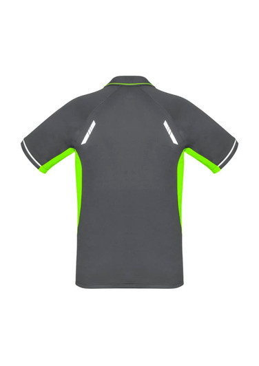 A grey short sleeve polo shirt with vibrant green accents and reflective details on the shoulders. Features a logo.
