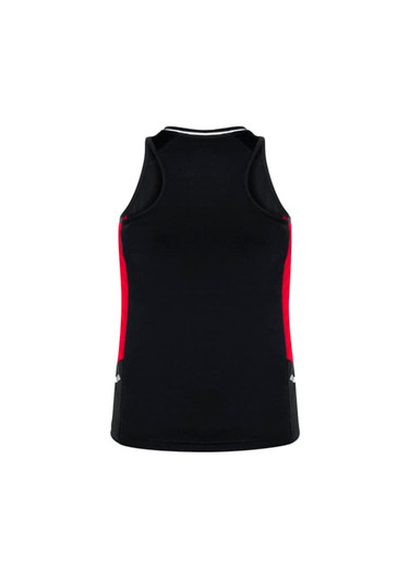 A black women's singlet with red detailing and a logo at the bottom.
