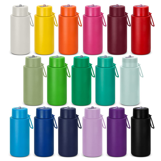 A drink bottle collection featuring various colours including white, yellow, pink, purple, green, and black, with a logo.