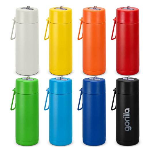 A drink bottle collection featuring white, yellow, orange, red, green, blue, and black options, each with a handle and logo.