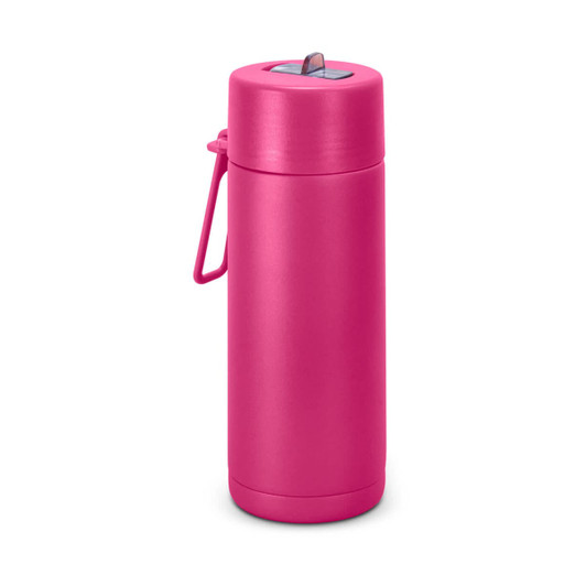 A drink bottle in a vibrant pink colour with a flip lid and a carrying handle, featuring a visible logo.