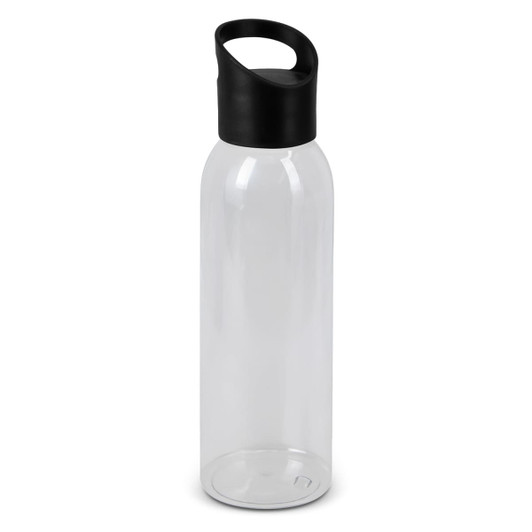 A drink bottle in clear plastic with a black, curved lid. It features a simple design and has a logo.