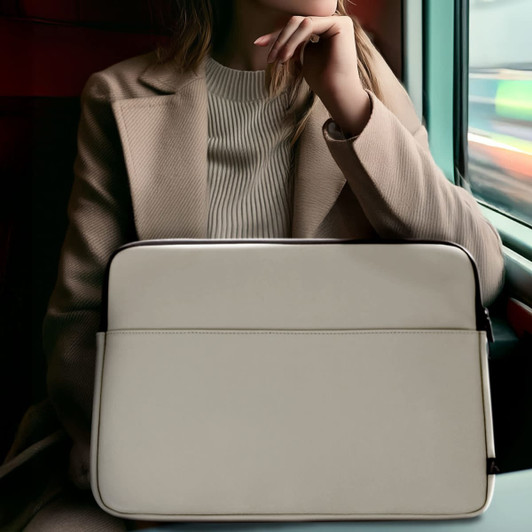 A cream-coloured soft-touch laptop sleeve rests on a person's lap, showcased against a blurred background.