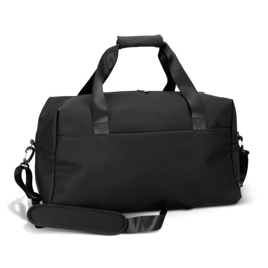 A black soft-touch duffle bag with dual handles and a removable shoulder strap. It features a logo.