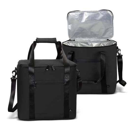 A black soft-touch cooler bag with dual handles and a removable shoulder strap, featuring a silver insulated interior.