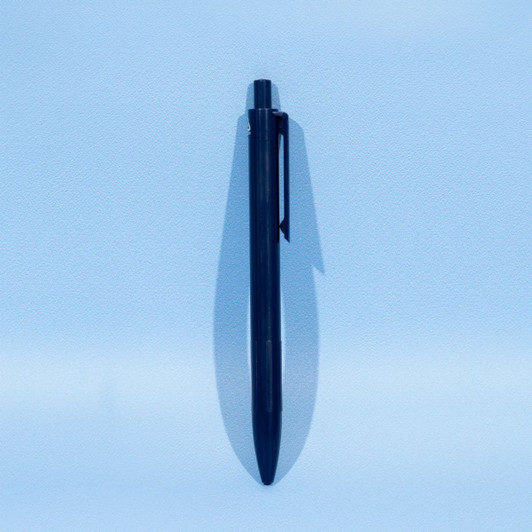 A black eco plastic ballpoint pen with a sleek design and a clip for easy attachment. It features a logo.