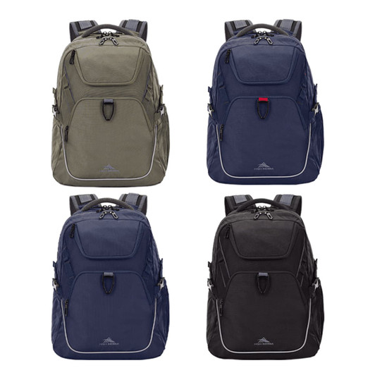 Four High Sierra Access 4.0 Backpacks in olive green, navy blue, dark blue, and black, each with a logo.