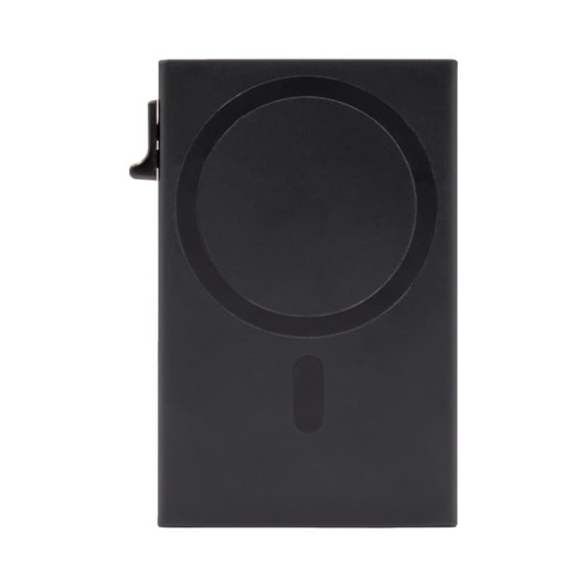 A black RFID case with a circular design and clip attachment. It features a sleek and minimalistic appearance.