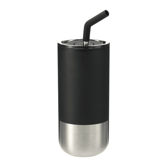 A drink bottle featuring a black exterior and stainless steel base with a reusable straw. It has a logo on it.