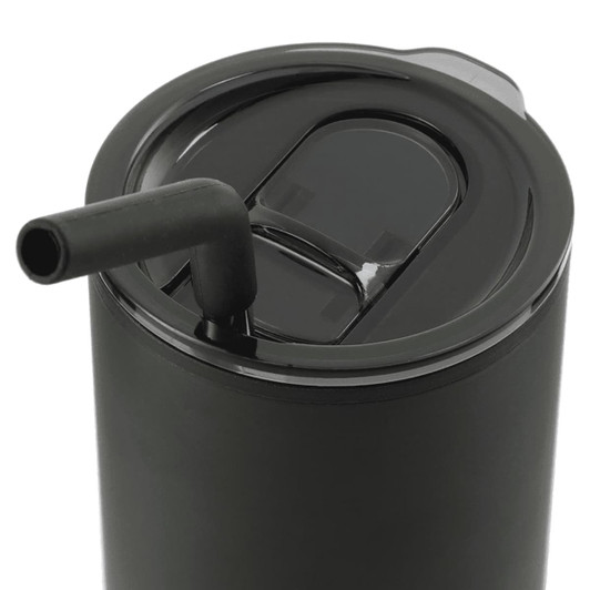A drink bottle featuring a black exterior, a lid with a straw, and a sleek design. It has a logo on the surface.