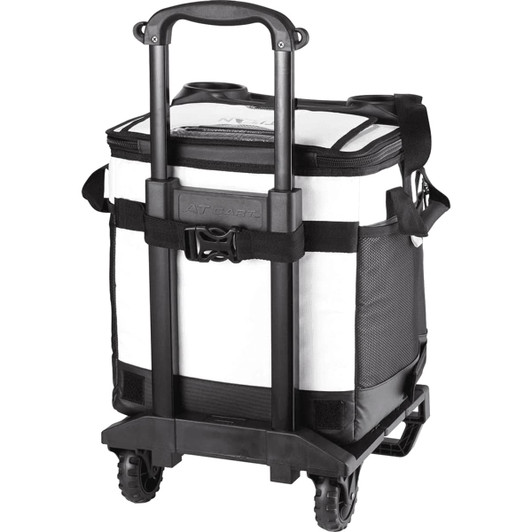 A white and black rolling cooler with a handle and wheels, featuring side pockets and a logo.