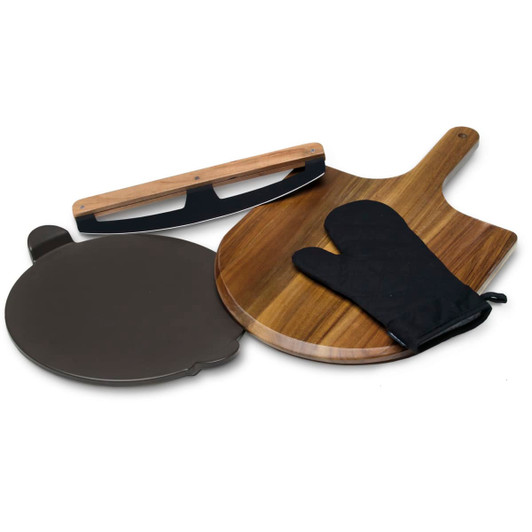 A pizza set featuring a wooden paddle, a black oven mitt, a metal pizza stone, and a pizza cutter.