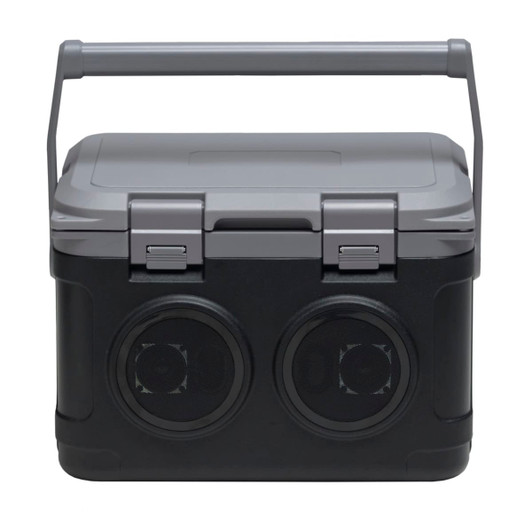 A portable sound box in black with a grey lid, featuring a sturdy handle and two speaker openings.