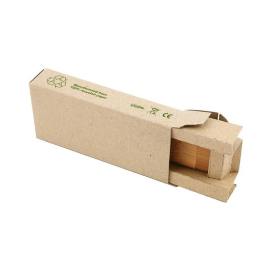 A bamboo flash drive in a recycled cardboard box, featuring natural wood tones. The box has a logo on it.