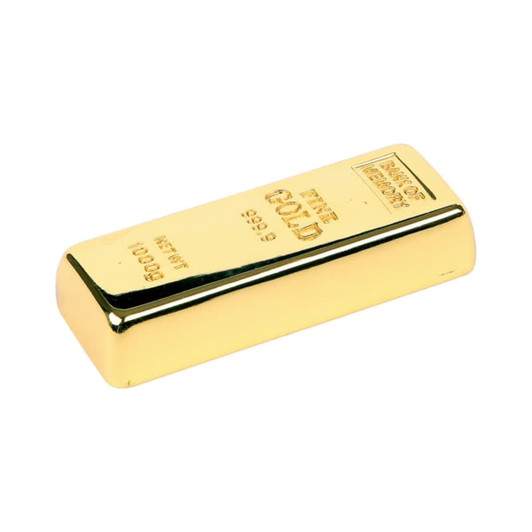 A gold-coloured flash drive shaped like a gold bar, featuring a logo on one side.