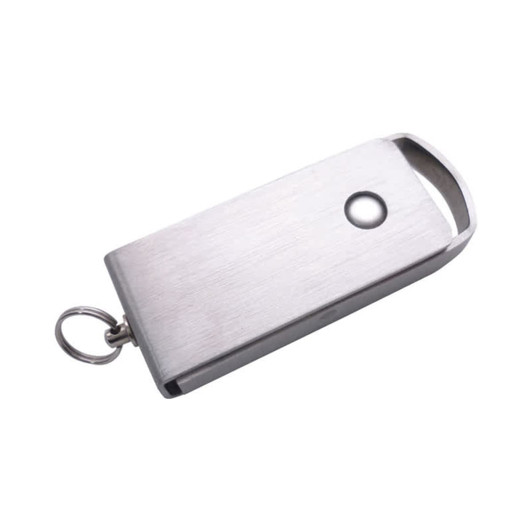 A metallic flash drive with a keyring attachment, featuring a sleek design and a small hole for connection.