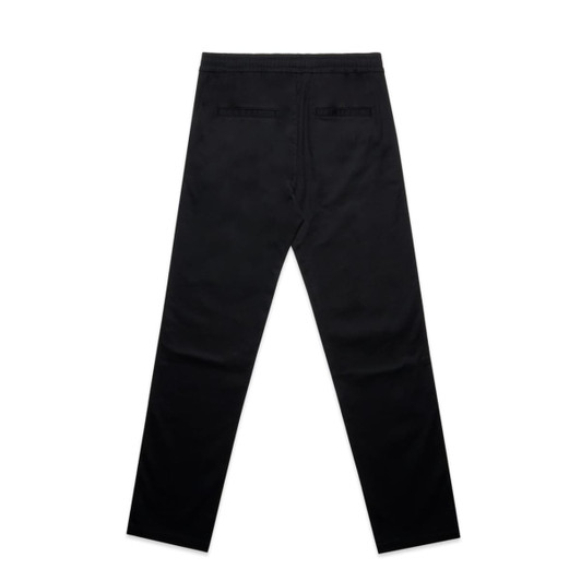 Straight elastic pants in black with a smooth finish and back pockets. Features a fitted design for a sleek look.