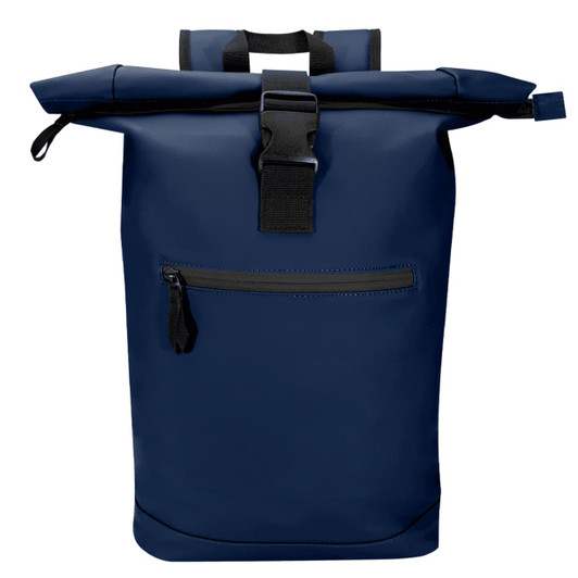 A navy blue roll-top backpack with a front zip pocket and a buckle closure, featuring a logo on the front.