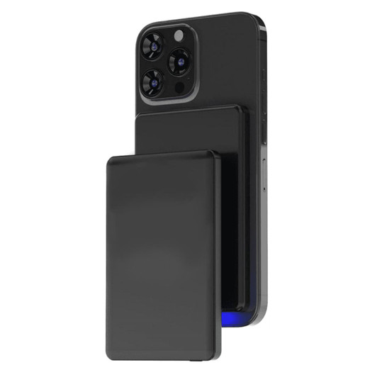 A slim black metal power bank with 5000 mAh capacity attached magnetically to a smartphone, featuring a logo.