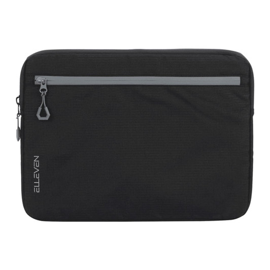 A black laptop sleeve with a grey zip and a logo, designed for 16-inch laptops.