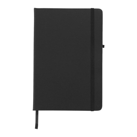 A black journal book with a band closure and a ribbon bookmark, featuring a logo on the cover.