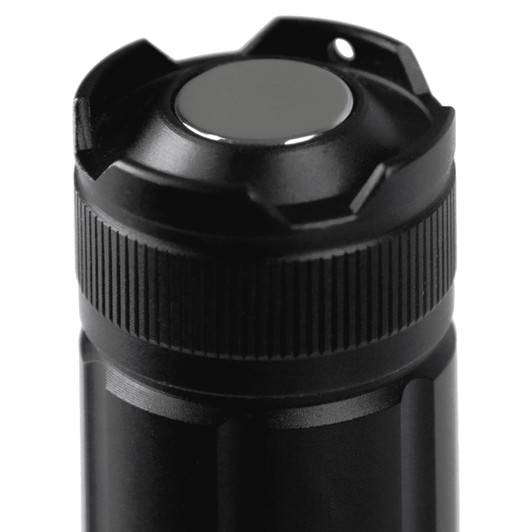 A black LED torch featuring a textured grip and a rounded top with a circular button. It has a logo on the surface.