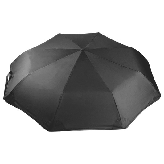 A black recycled tipless umbrella with a smooth, rounded canopy and a sleek design. It features a logo.