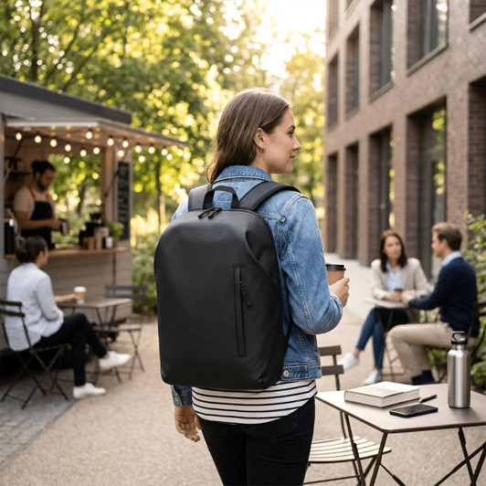 A black anti-theft backpack is worn by a woman, set against an outdoor café scene with people seated nearby.
