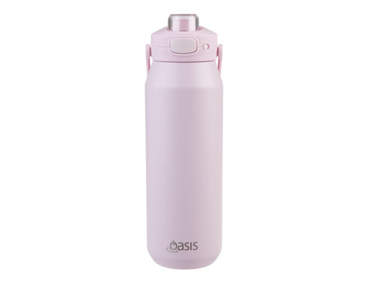 A drink bottle in pastel pink, featuring a quick release lid and a logo on the front.