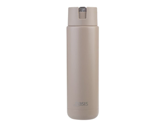 A drink bottle in a sandy beige colour with a sleek design and a logo on the side.