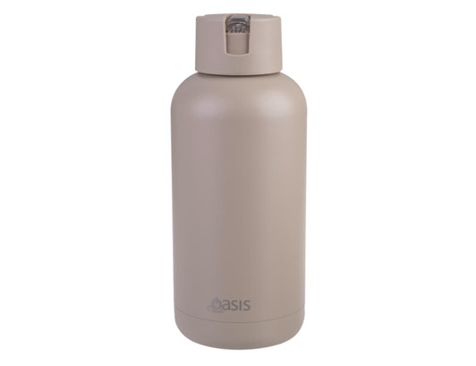 A drink bottle in a light beige colour with a secure cap and a logo on the side.