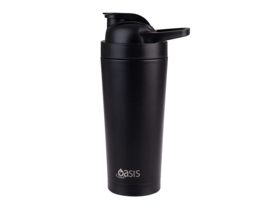 A drink bottle featuring a sleek black design, with a flip-top lid and a logo on the side.