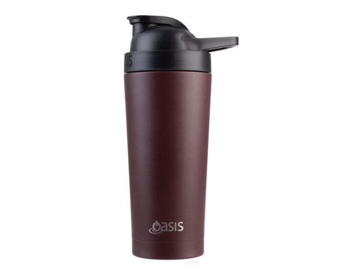 A drink bottle in dark brown with a black lid, featuring a logo on the side, designed for protein shakes.