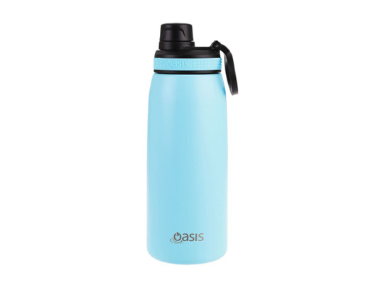 A drink bottle in light blue, featuring a screw cap and a logo on the front.