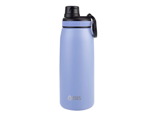 A drink bottle in a soft blue hue with a screw cap and a logo. It features a sturdy design for sports use.