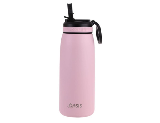 A drink bottle in pink with a black spout and lid, featuring a handle and a logo.