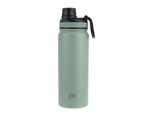 A drink bottle in a matte green finish with a screw cap and a strap, featuring a logo.