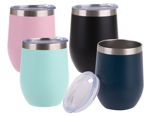 A drink bottle featuring four vacuum wine tumblers in pink, black, mint green, and dark blue, each with a lid.