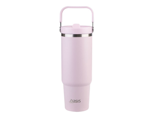 A drink bottle in soft pink with a stainless steel band and a handle, featuring a logo on the side.