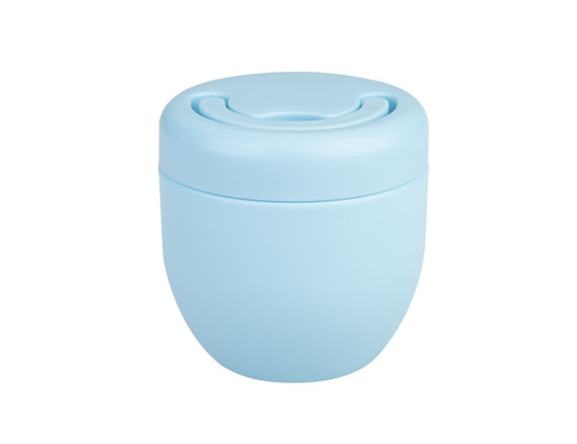 A vacuum food pod in light blue, featuring a rounded design and a secure lid. It has a visible logo.
