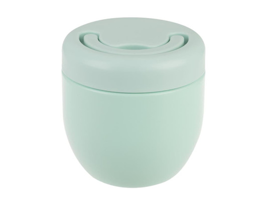 A drink bottle in soft mint green with a lid and a sleek, rounded design. It features a branding logo.