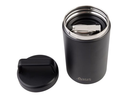 A drink bottle with a black, stainless steel exterior, featuring a detachable silver lid and a handle.