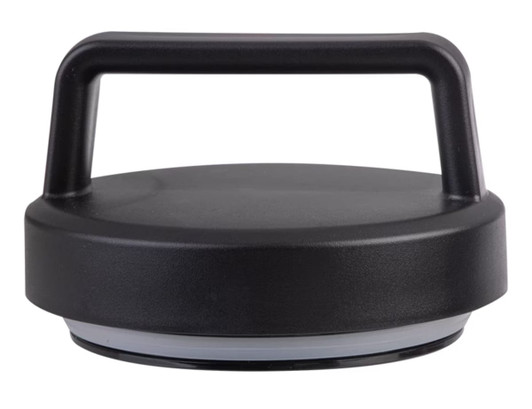A drink bottle cap with a black handle, featuring a round design and a grey accent on the base.