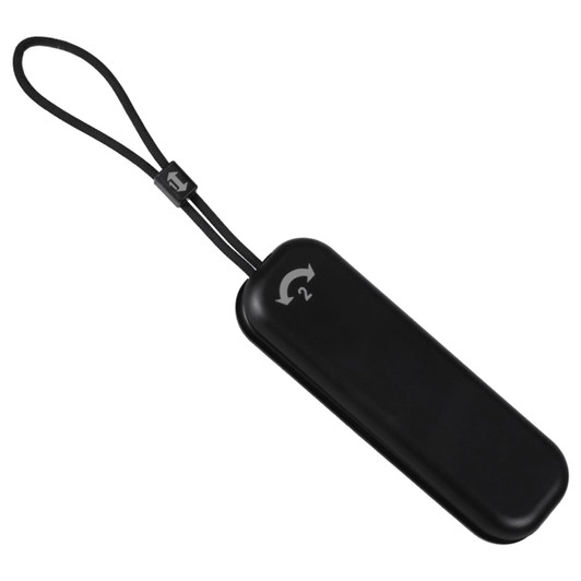 A black foldable charging cable with a wrist strap, featuring a sleek design and a logo.