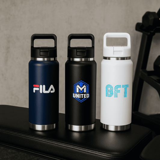 A drink bottle set featuring a navy blue, black, and white stainless steel design, each with a different logo.