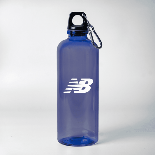 A drink bottle in blue with a carabiner and a logo. It holds 700ml of liquid and is made of plastic.