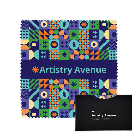 A patterned RPET lens cloth set in vibrant colours with a black pouch featuring branding.