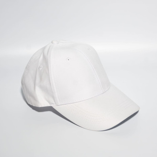 A white Poly Strapback Baseball Cap with a curved brim and vent holes, featuring a logo.