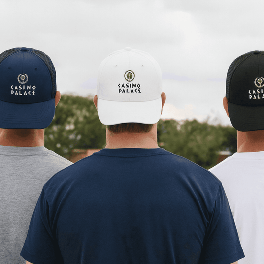 A baseball cap in white, black, and navy is displayed, featuring a logo on the front of each cap.