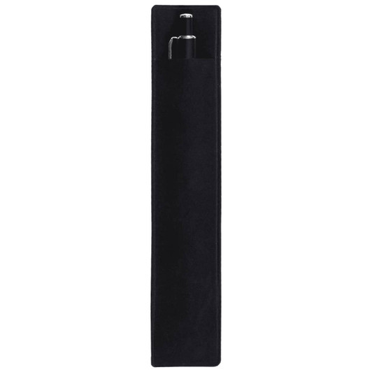 A black velvet pen sleeve featuring a sleek design with a pen partially visible inside. It has a logo on the surface.